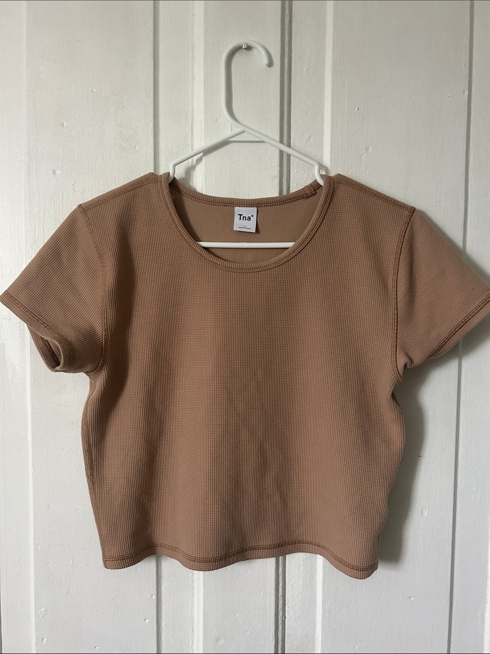 TNA Cropped Waffle Tee in Tan